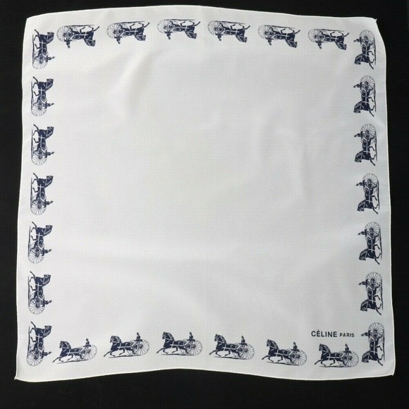 CELINE PARIS Horse Carriage Logo Silk Scarf White - Picture 5 of 7